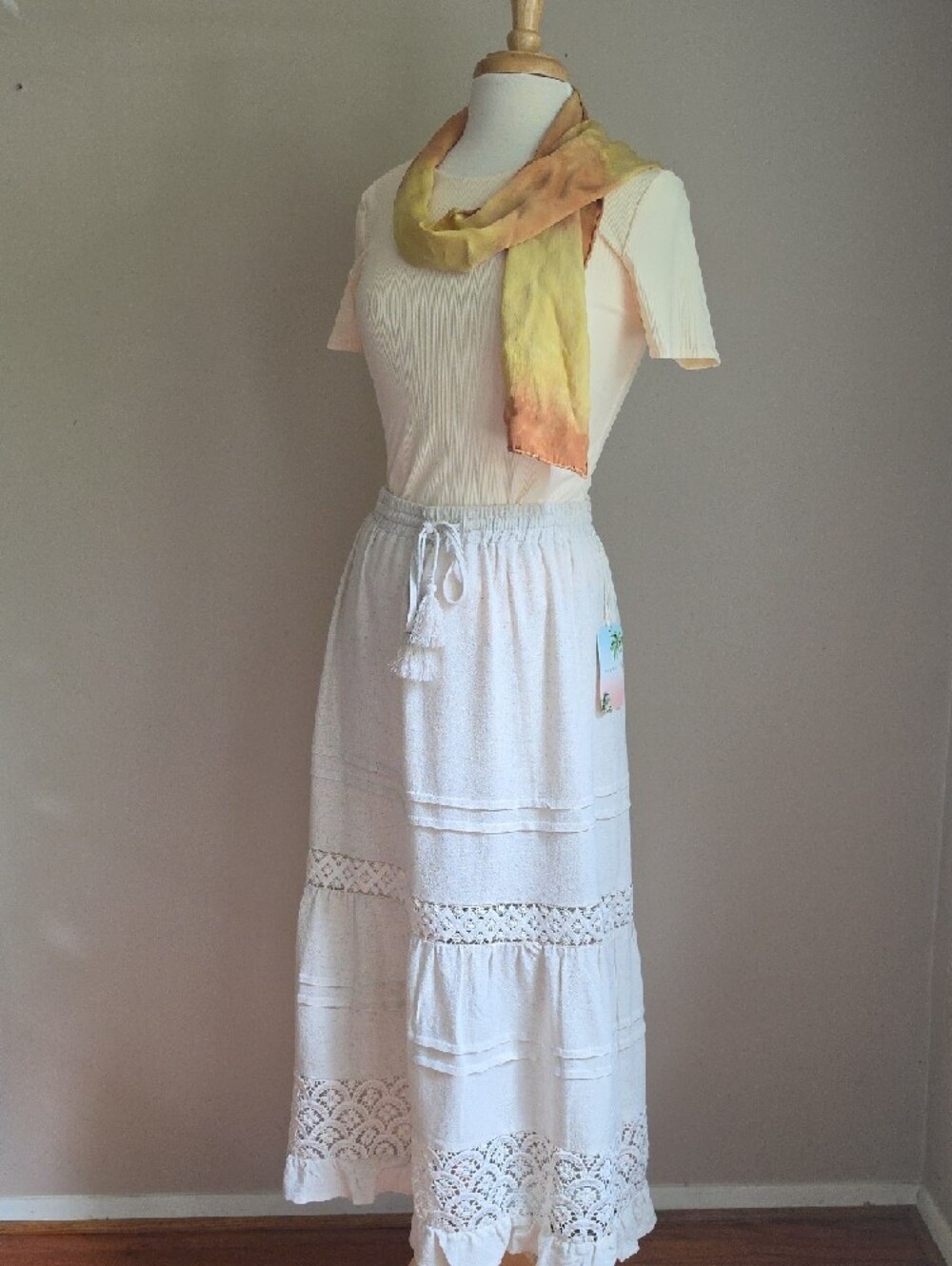 White Lace-Trim Linen Maxi Skirt - Picture 3 of 12
